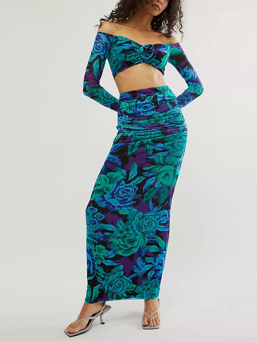 Women Skirt Set Flower Print Long Sleeve Off-shoulder Crop Top with High Waist Long Skirt Fall Outfit