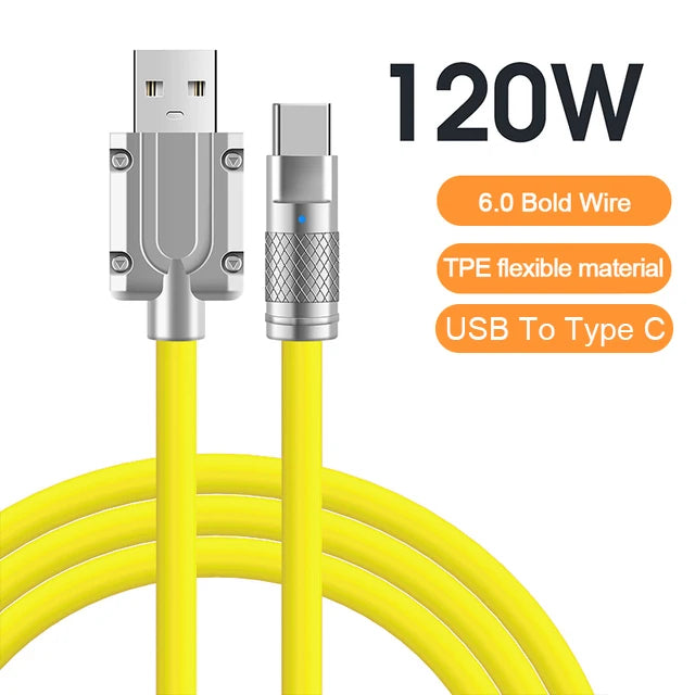 Cable de datos USB C de silicona líquida de carga súper rápida 120W 6A para iPhone 14 15 Huawei Samsung Xiaomi Cargador rápido Tipo C