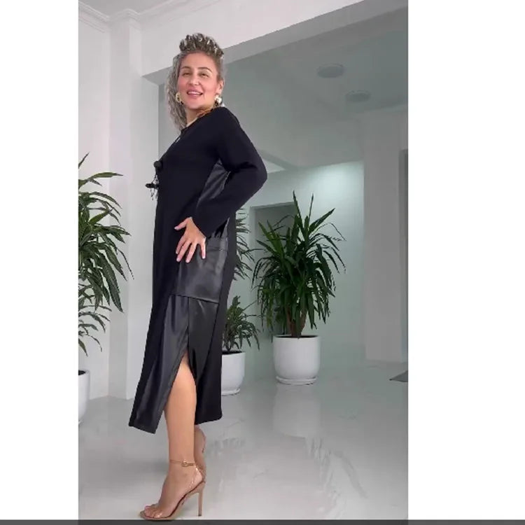 Elegante Vestido Marrón de Otoño Moda Cuello Redondo Manga Larga Retales Abertura Lateral Ropa Urbana Vestidos con Bolsillos Para Mujer Vestidos Nuevos