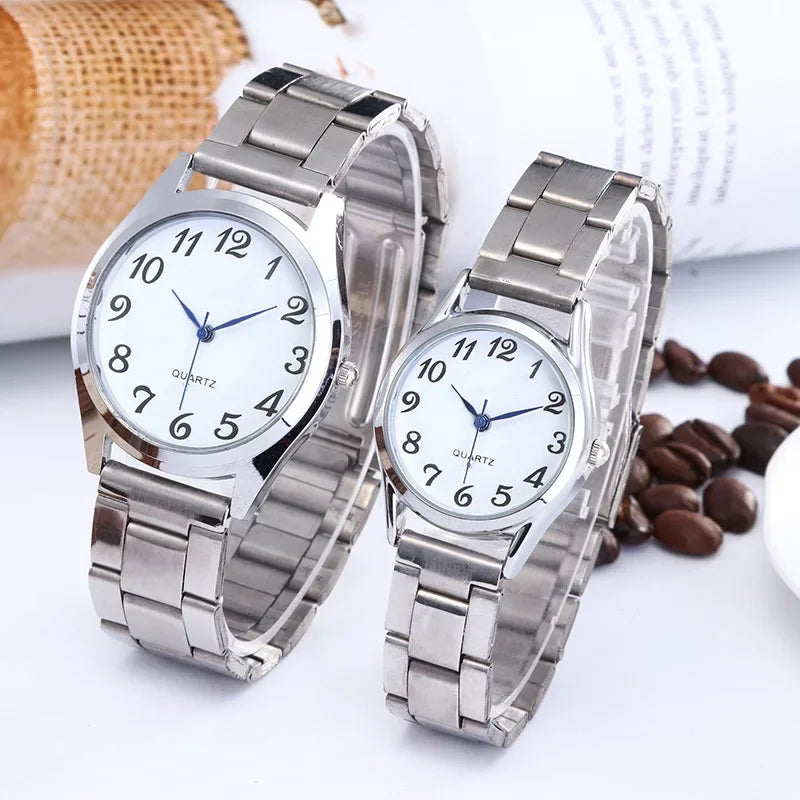 Relojes de pulsera para hombre y mujer, correa de acero inoxidable, aleación, para amantes, movimiento de cuarzo, correa elástica