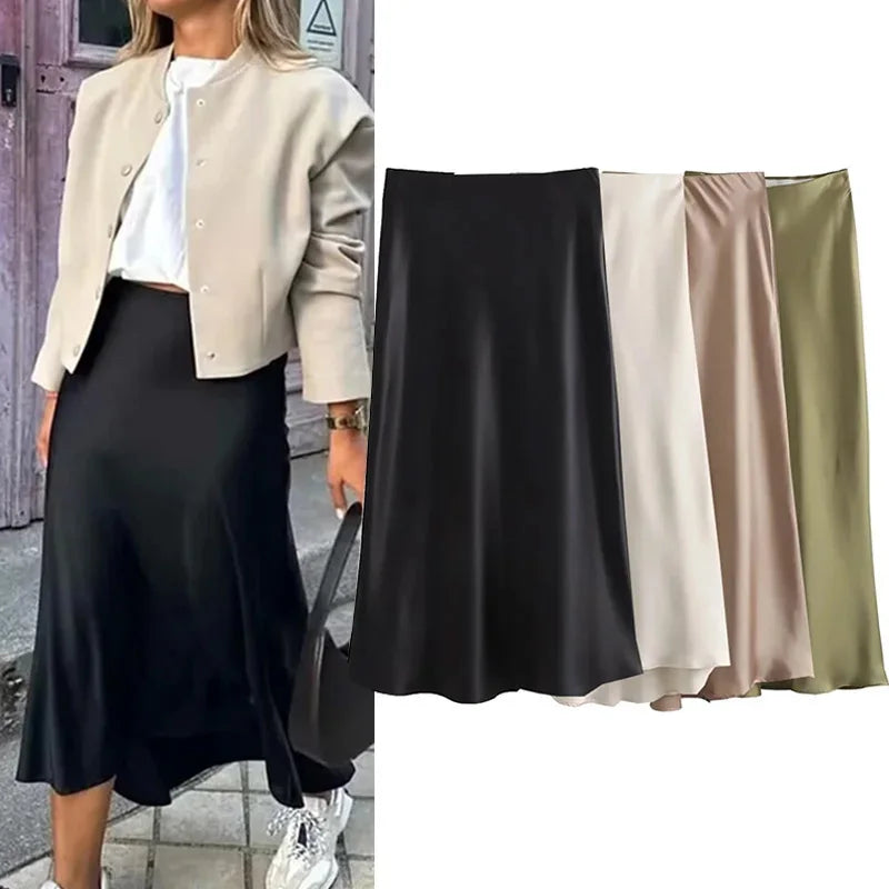 Willshela Black Satin Skirt Woman High Waist Elegant Long Skirts For Women Fashion Summer Midi Skirt Office Women's Skirts