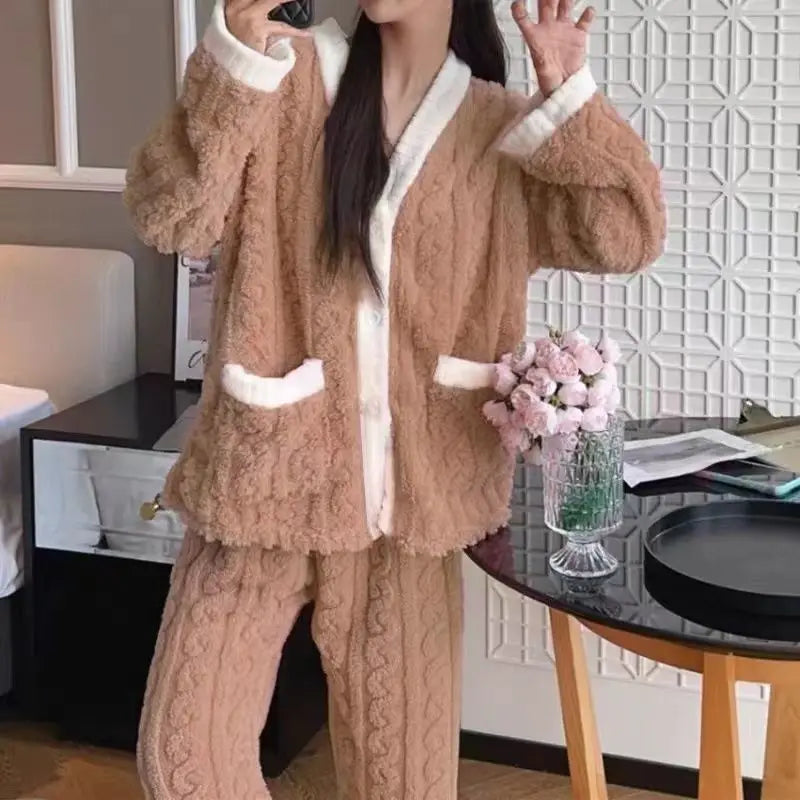 Conjunto de pijama de mujer, invierno, ropa de dormir, cuello redondo, top holgado de manga larga, pantalones de cintura elástica, conjuntos de pantalón, tallas grandes, conjuntos a juego