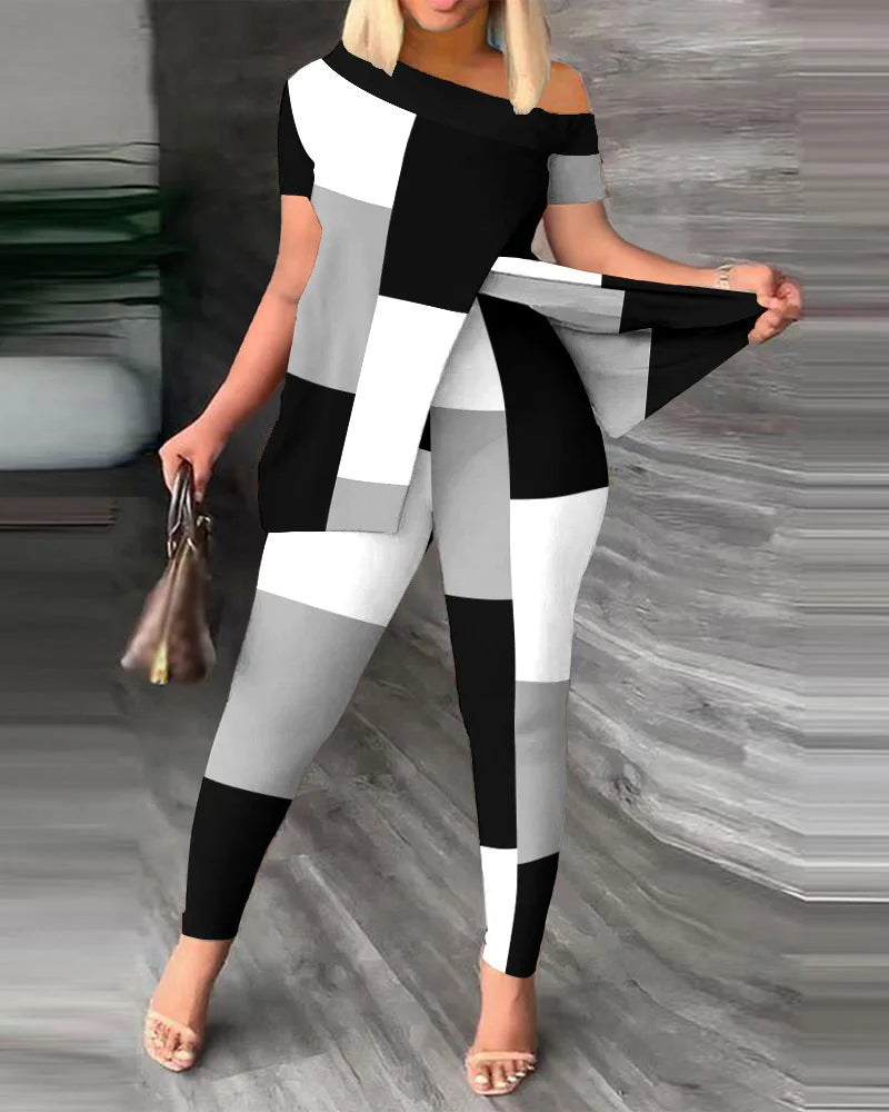 Conjuntos de dos piezas elegantes para mujer, nueva moda, estampado, top de manga con volantes, conjunto de pantalones de color sólido con cinturón, blusas, ropa femenina