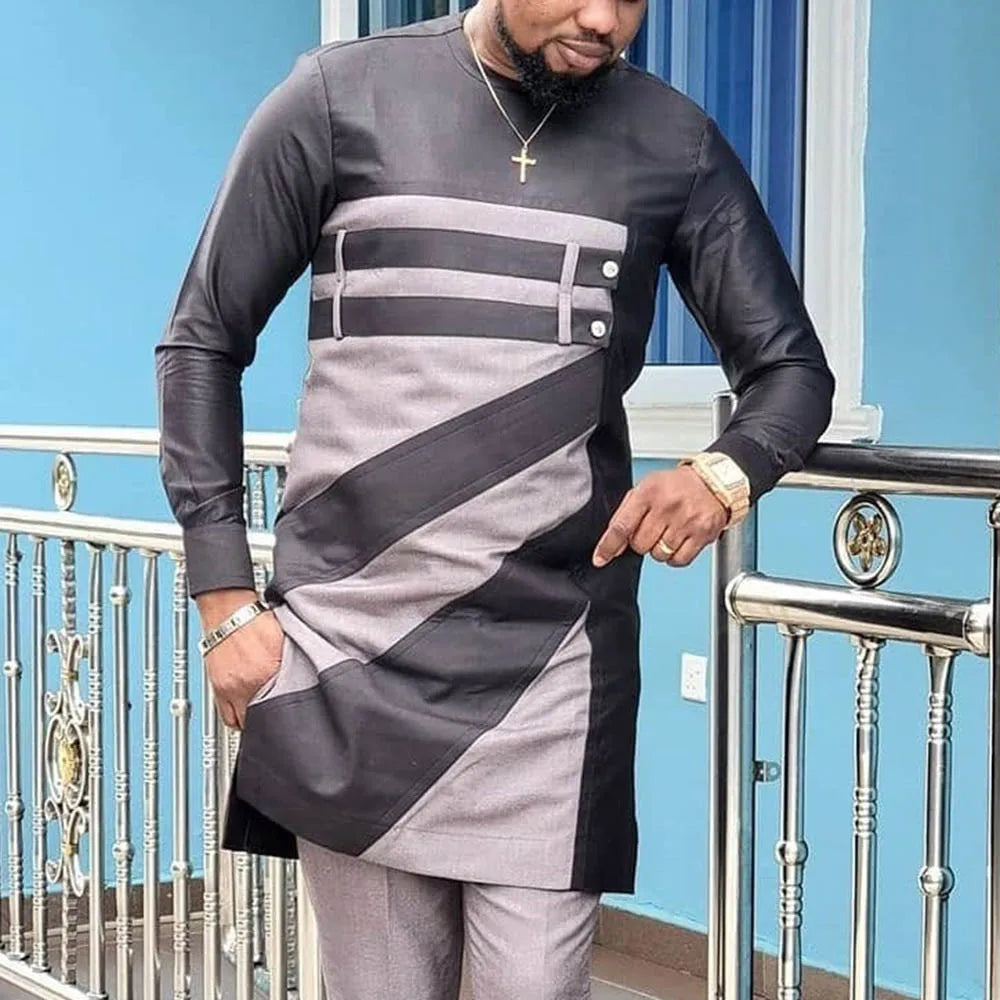 Spring Summer African Men Long Sleeve O-neck Polyester T-shirts Dashiki African Clothes for Men No Pant