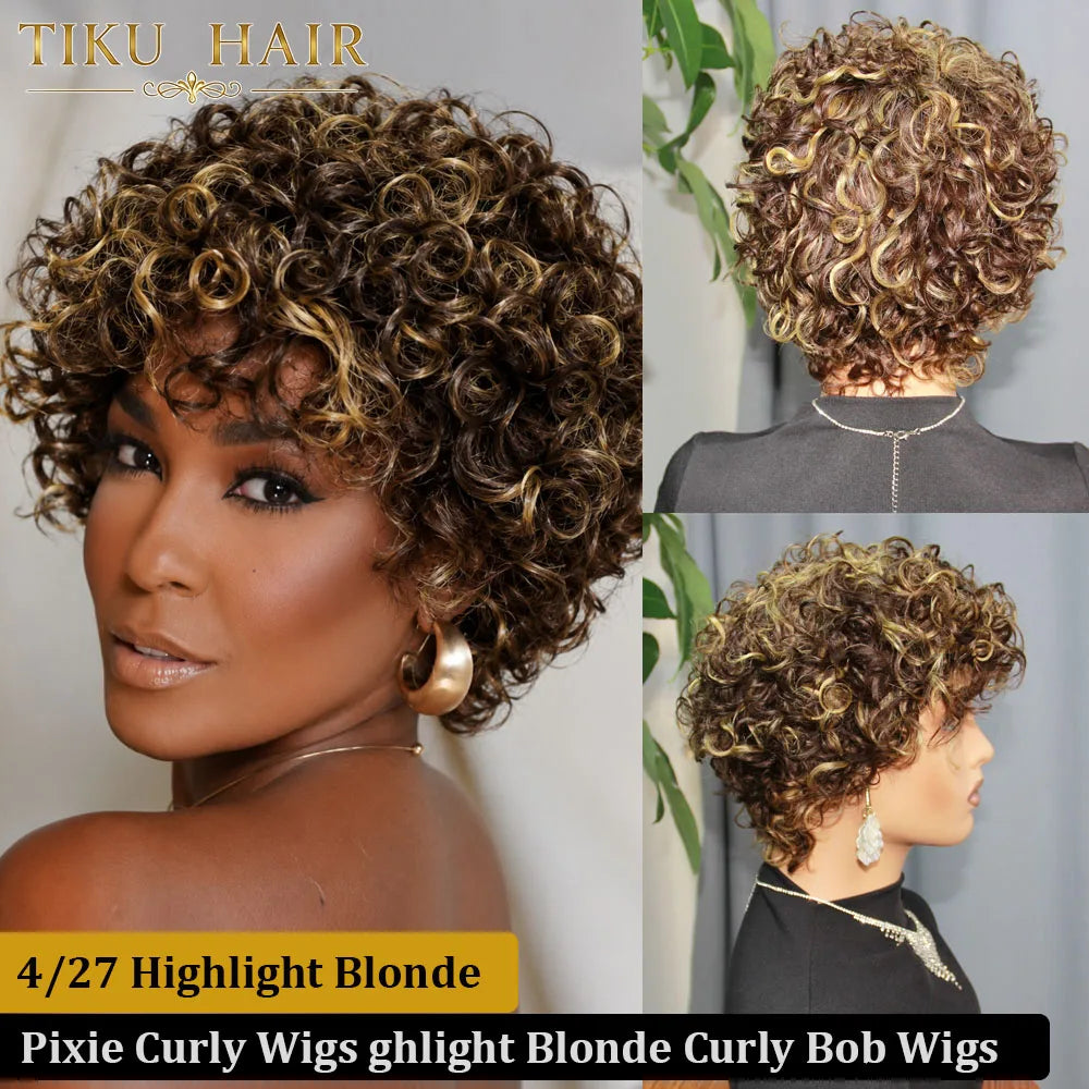 4/27 Highlight Blonde Wigs Human Hair Pixie Curly Bob Wigs Short Bob Human Hair Wigs Preplucked Brazilian Hair 150% Density