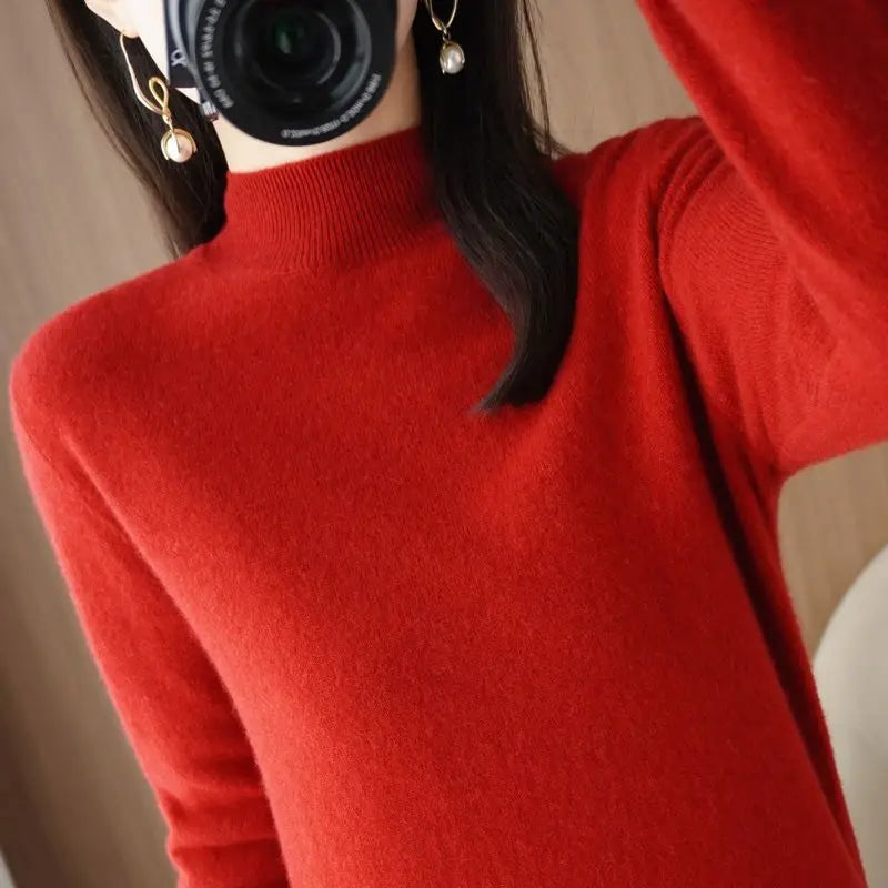 Suéter de mujer otoño invierno, camisas base cálidas casuales, cuello simulado, tejido básico, jerséis de manga larga, moda coreana