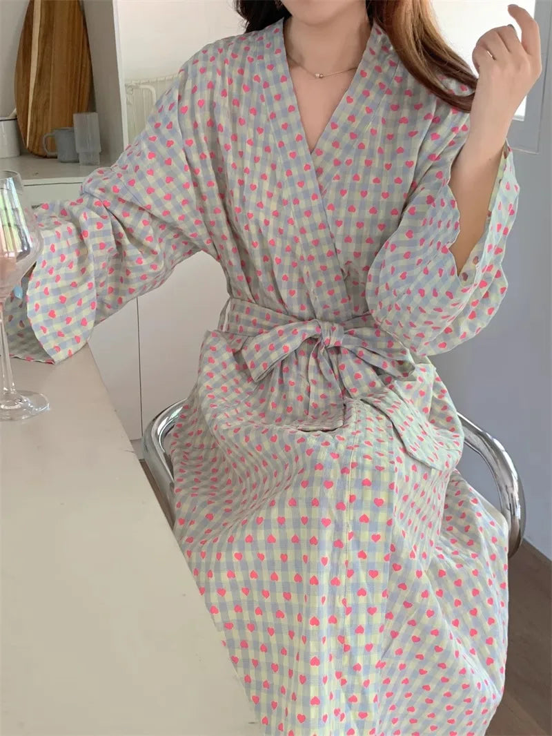 Bata de baño para mujer, estilo kimono largo y holgado, con cuello en V, cordones, pantalones a cuadros, bata de dormir sexy para mujer/niña.