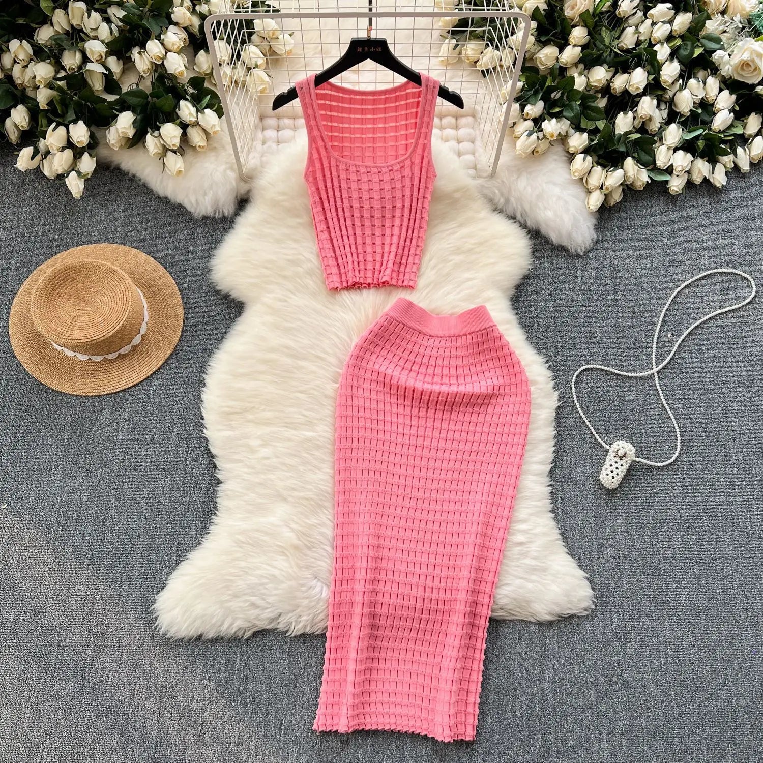 Conjunto de Falda para Mujer, Trajes de Dos Piezas, Chalecos, Tops Cortos, Faldas Largas de Punto Ajustadas, Cintura Alta, Estilo Urbano Y2K 2025, Para Fiesta o Playa