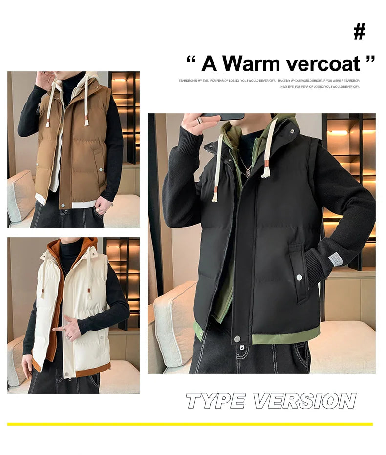 Chaleco cortavientos con capucha para hombre, chaqueta sin mangas, chaqueta de invierno, abrigo informal, chaleco grueso de algodón y plumón para hombre, abrigo grueso