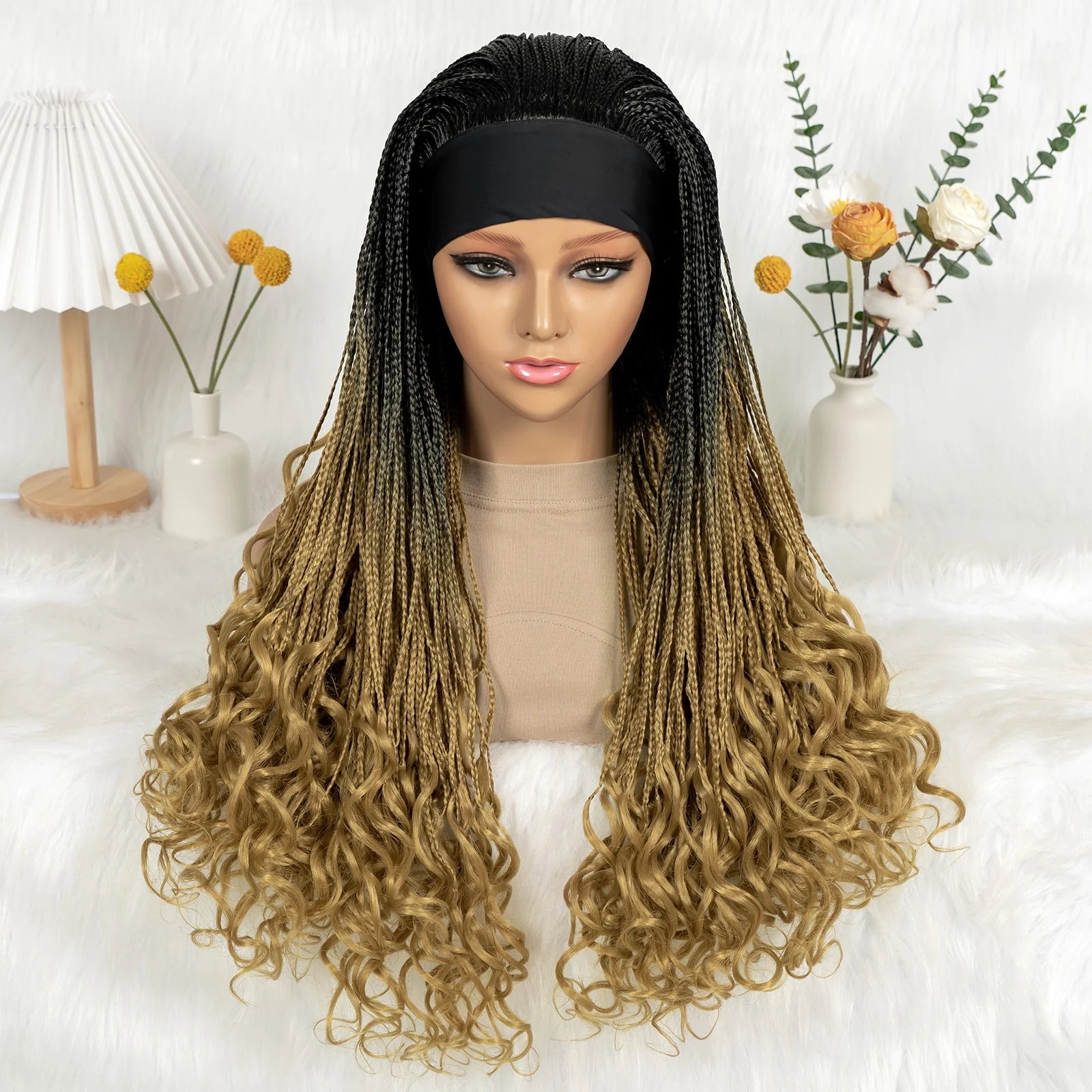 Silk Headband Wig Braided Wigs with Curly Ends Headband Wigs Knotless Braided Wig Easy to Wear for Black Women