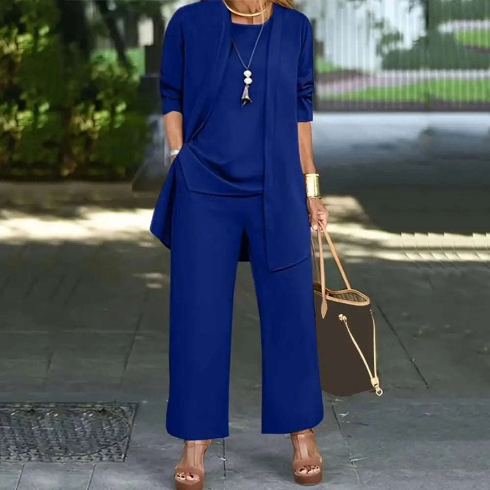 Dameklær Stilig 3-delt buksesett med langermet cardigan, vest med o-hals, vide benbukser, høst- og vårantrekk