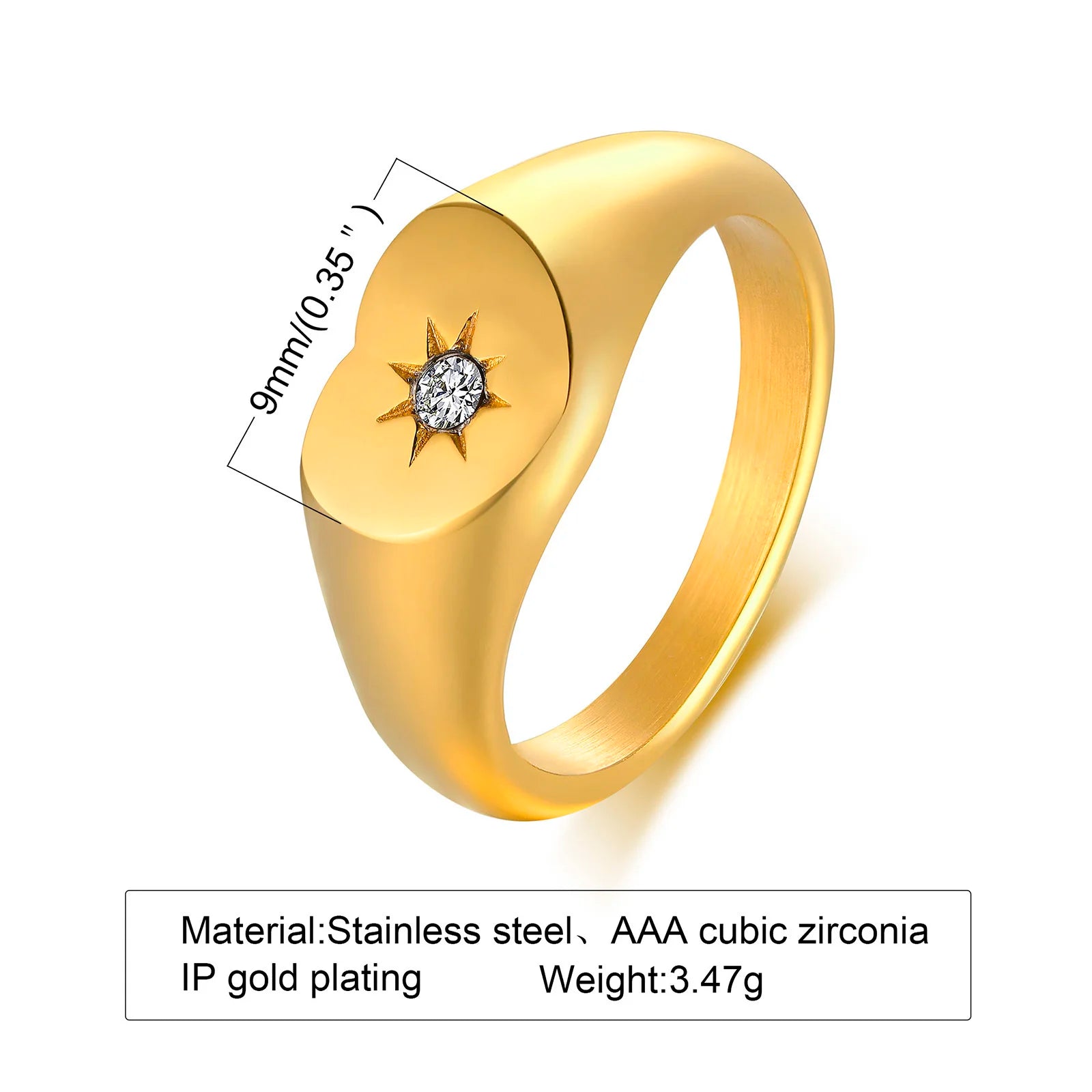 Anillo Meñique con Sello Sol de Acero Inoxidable, Anillo con Incrustaciones de Zirconia Cúbica Chapado en Oro, Joyería de Moda que No se Deslustra