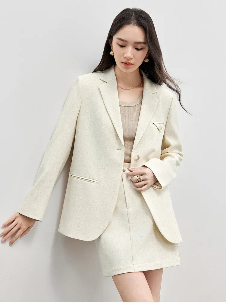 SENTUBILA Trajes de falda para mujer, mezcla de lino, hombreras, blazer de un solo botón, faldas mini sólidas y elegantes, conjuntos de dos piezas 151Z58181