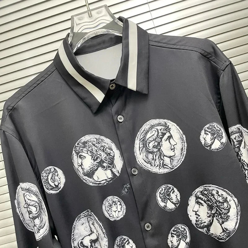 Men's shirt Vintage Character print Spring / Autumn Loose Version Classic Long-sleeved Lapel Fashion and leisure Top S-5XL