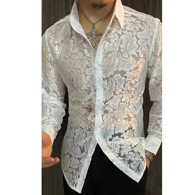 Men's Slim Fit Shirt Spring Transparent Long Sleeved Shirt Men Nightclub Sexy Casual Social Party Singer Shirt