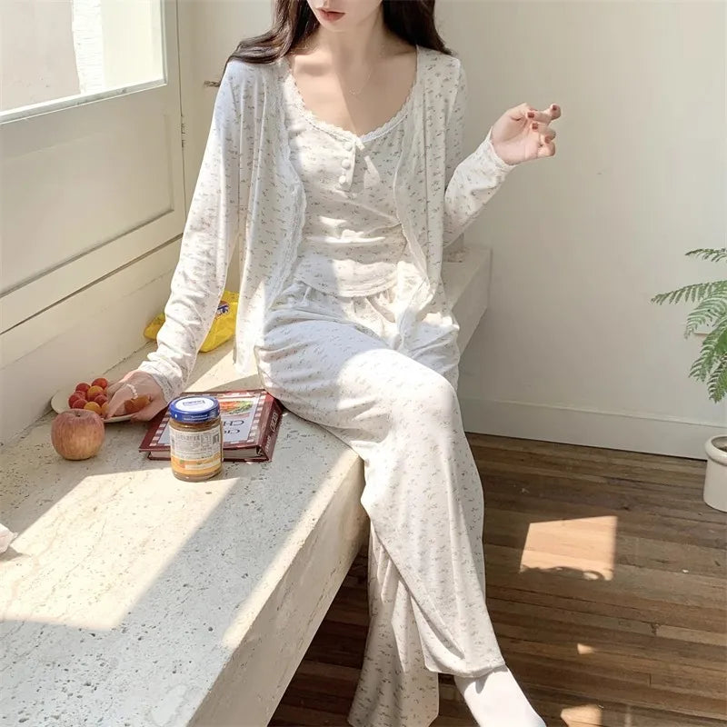 Three-Piece Pajama Set for Women Floral Lace Sweet Cardigan Camisole Homewear Long Sleeves Long Pants Fancy Underwear Ladies