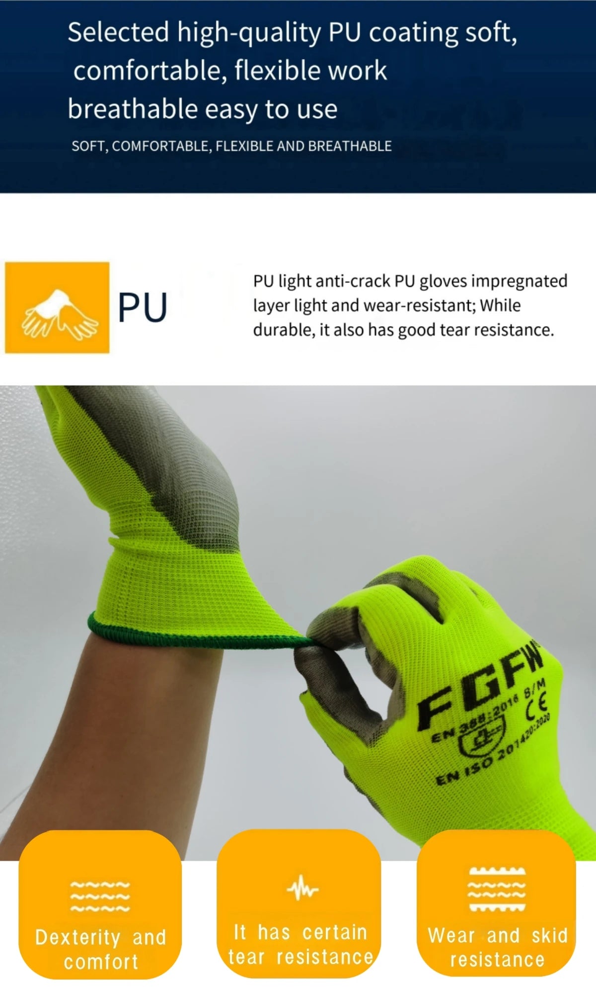 Lot de 10 paires de gants de travail enduits de PU - Gants de sécurité légers et résistants, certifiés EN 388/ISO 20471, tailles S/M/L/XL