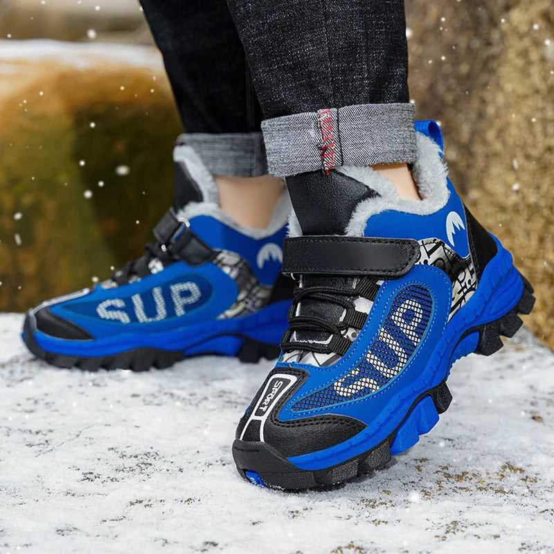 Winter Plus Velvet Hiking Shoes For Kids Non-slip Platform High Top Sports Shoes Boys Outdoor Warm Plush Children's Sneakers