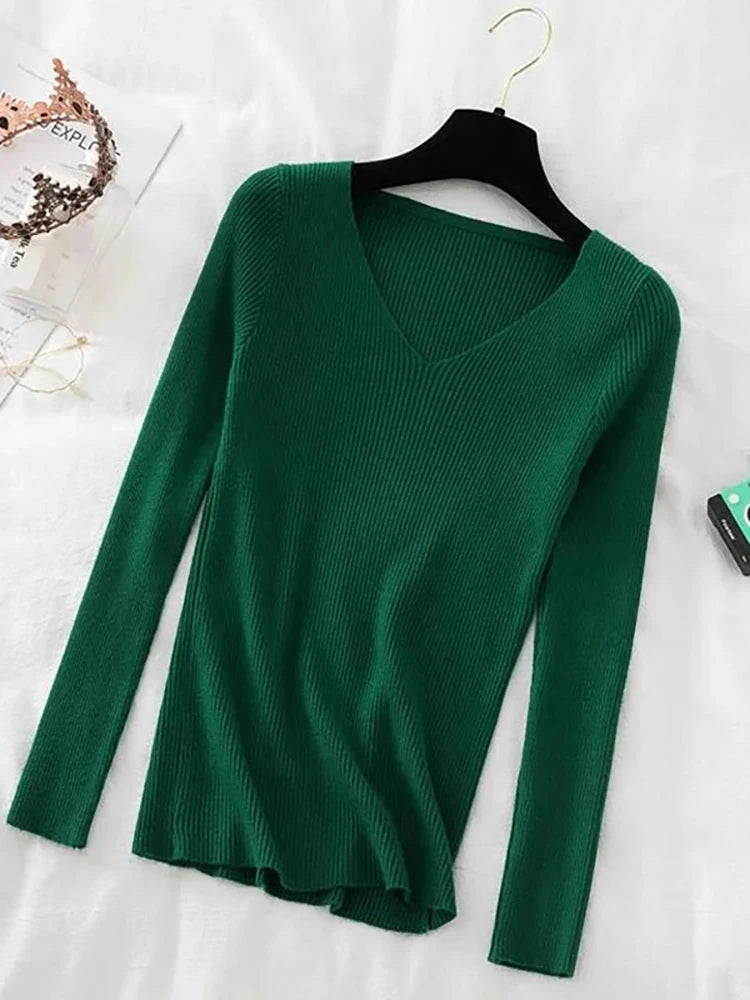 Suéter de mujer nuevo otoño invierno de manga larga jersey básico top de moda cuello en V elástico femenino invierno de punto sólido