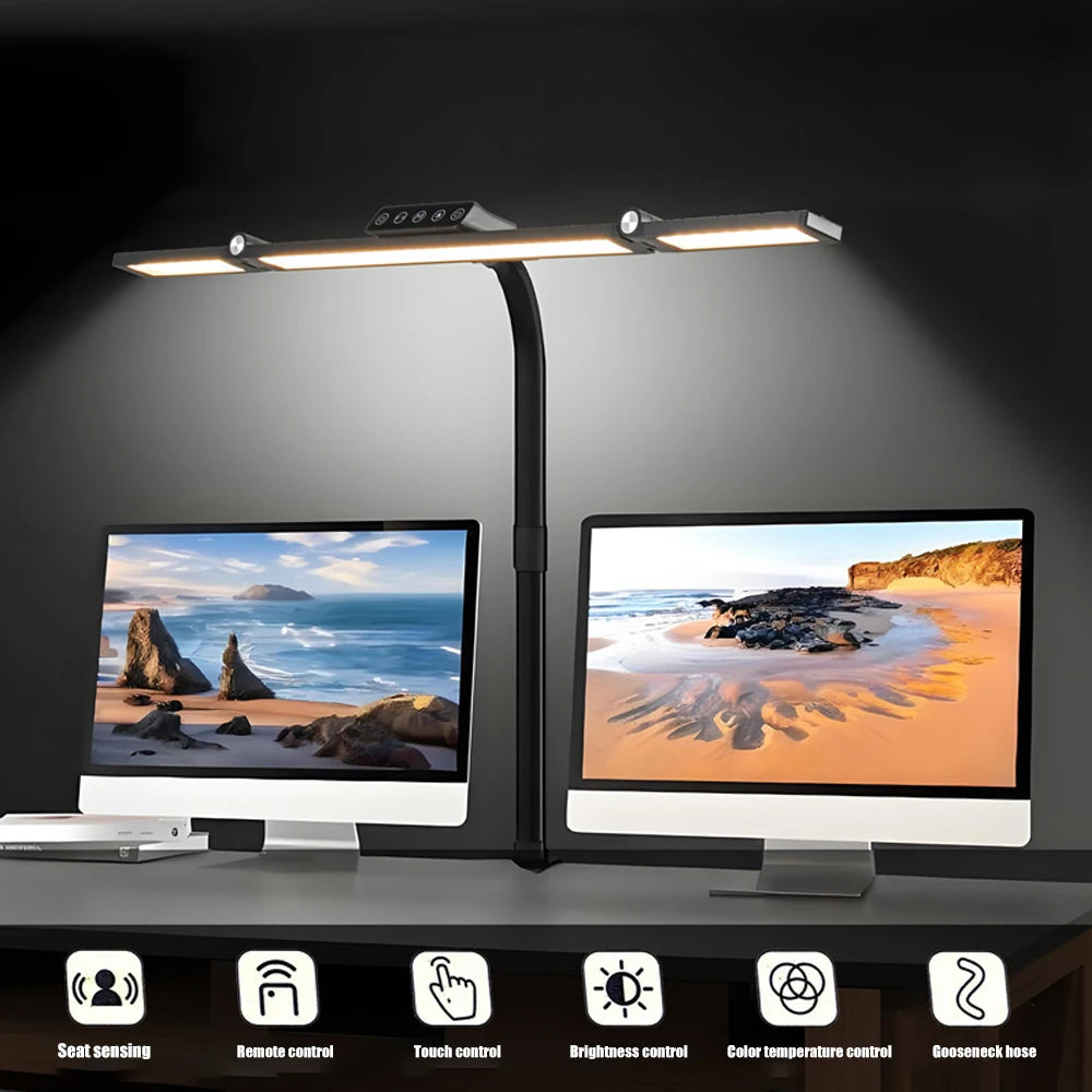 Lámpara de escritorio LED de oficina para el hogar, doble cabezal, atenuación continua, luces de lectura que cuidan la vista, 3 modos de color, lámparas de mesa de PC ajustables y flexibles