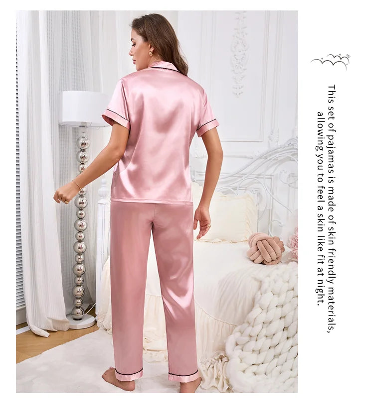 Conjuntos de pijama para mujer, otoño, manga corta, top con botones y pantalones, ropa de dormir de 2 piezas, conjunto de pijama con botones, ropa de casa, ropa de estar de satén