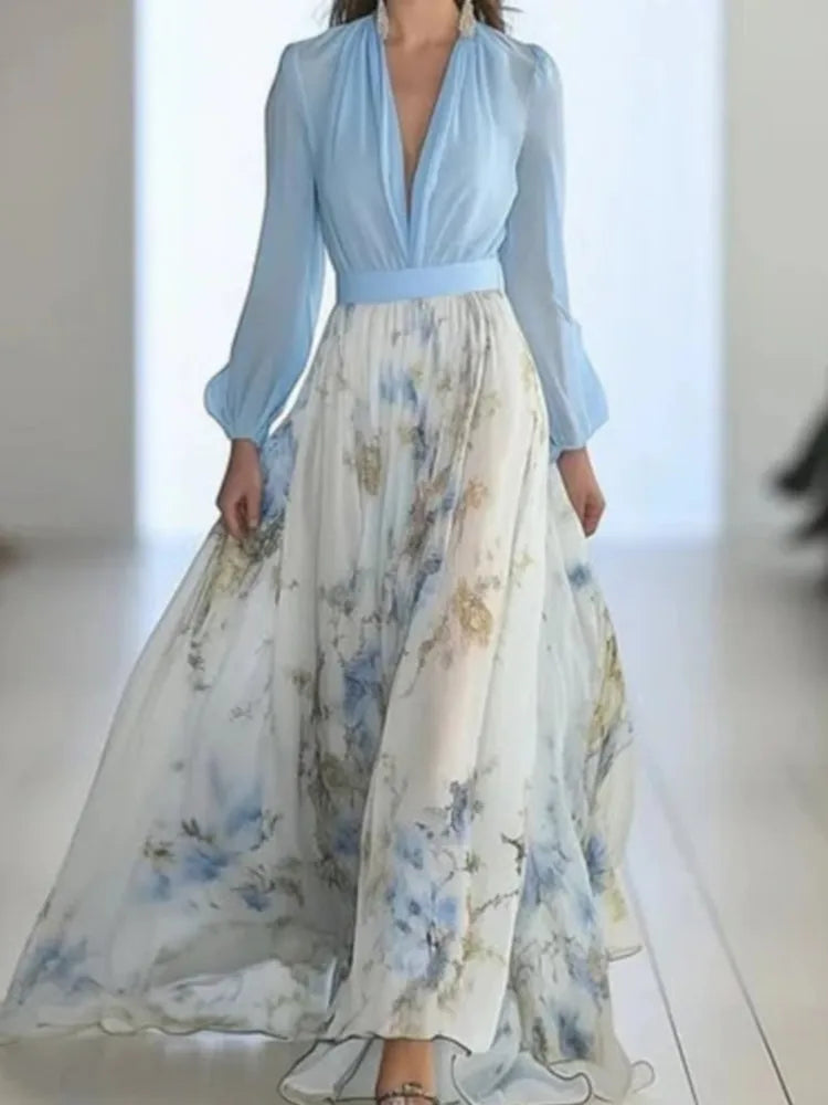 Vestido elegante con estampado para mujer, manga larga, cuello en V profundo, cintura alta, holgado, túnica femenina, ropa de mujer para fiesta, nuevo