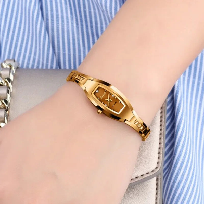 Petites montres-bracelets pour femmes, style rétro doré, bracelet en acier vintage, à quartz noir