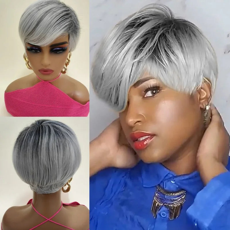 Short Natural Wave Pixie Gray New Comfortable African American Wig Capless Synthetic Hair Wig Women's All Grey / For Black Women