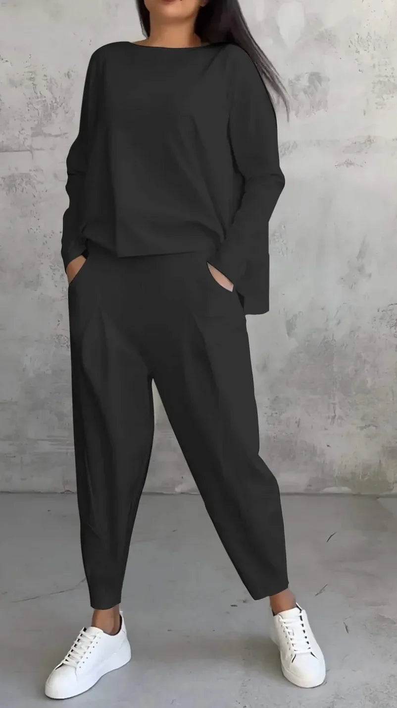 Conjuntos de dos piezas de pantalón para mujer, tops lisos de manga larga, cuello redondo, casual, pantalones largos de cintura media, bolsillos, elegante regular