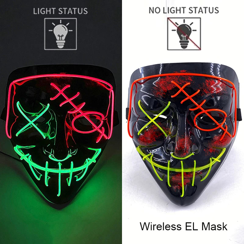 Máscara de purga LED de neón inalámbrica, que brilla en la oscuridad, máscara de cosplay de terror para Halloween, máscaras de fiesta de disfraces, accesorios luminosos divertidos