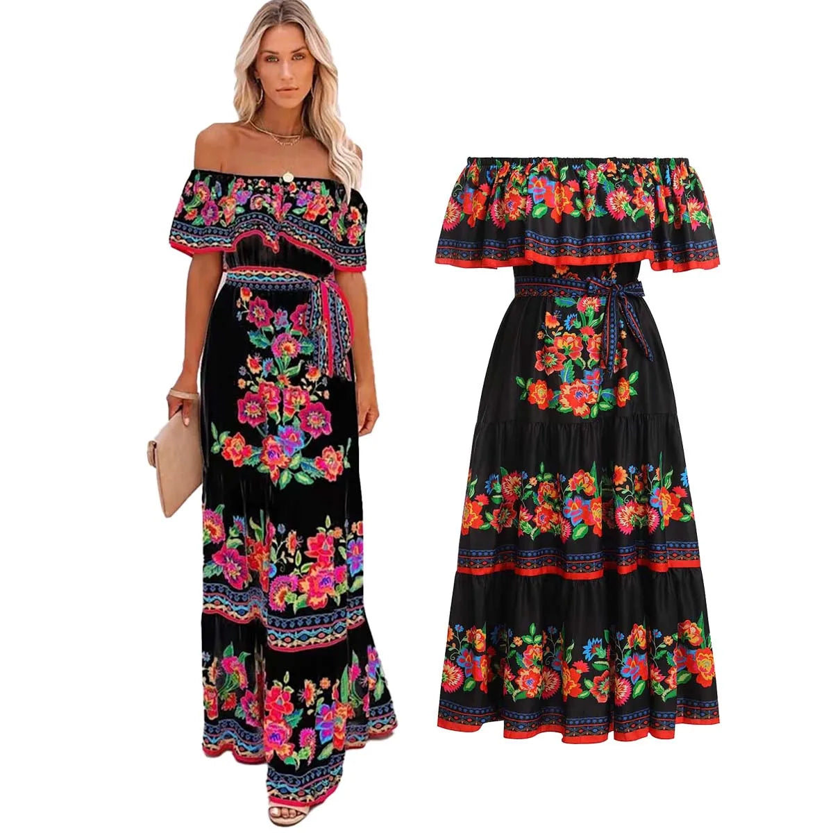 Vestido mexicano tradicional étnico mexicano del Cinco de Mayo con estampado floral de verano y hombros descubiertos para mujer