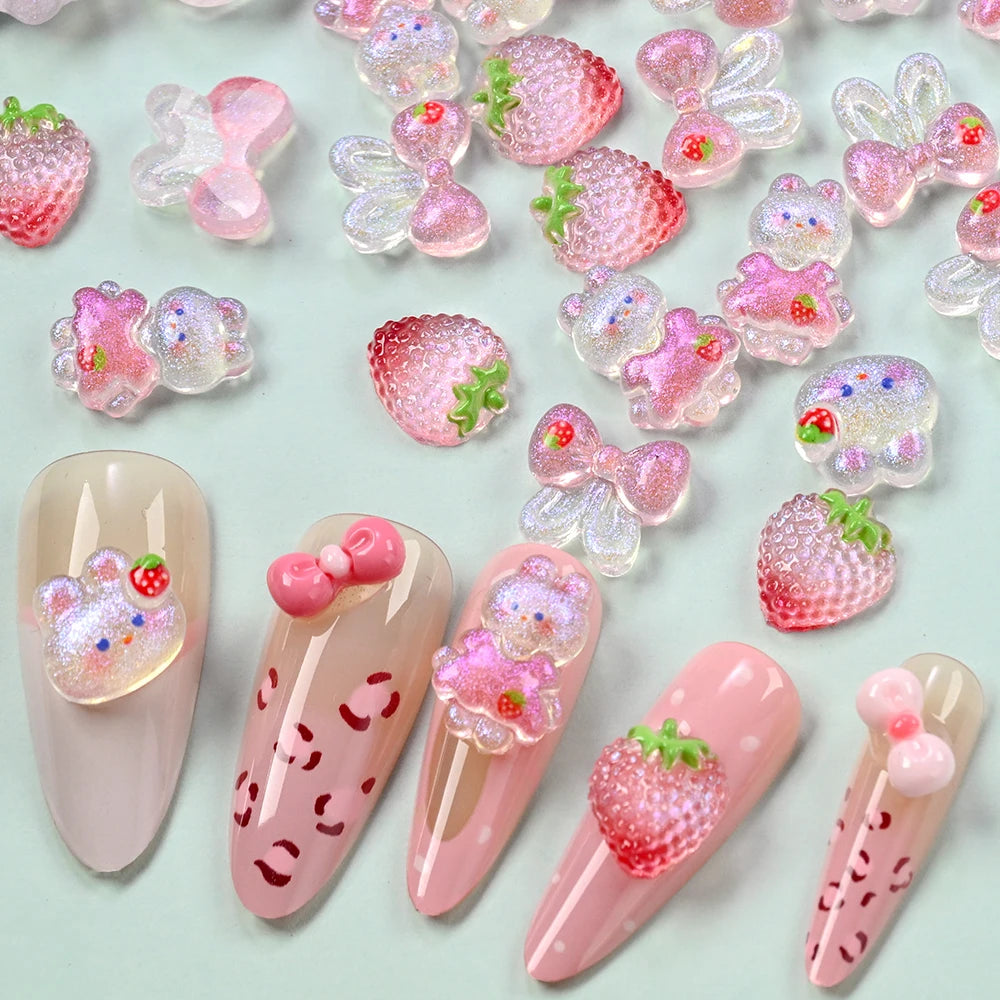 50 dijes de uñas de conejo fresa Kawaii, lazo, brillos, pajarita rosa, cinta de conejo, diamantes de imitación de uñas, piezas de uñas de conejo de dibujos animados de resina