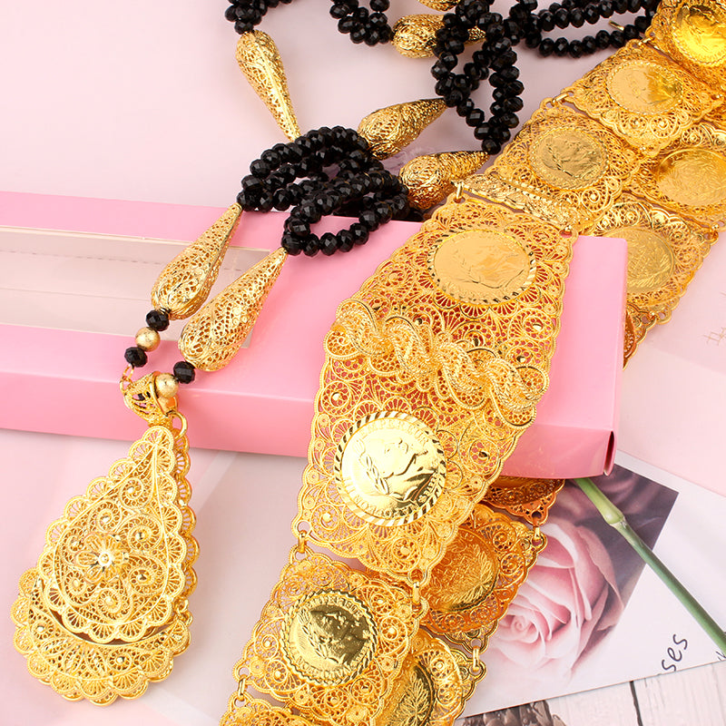 Juego de joyas de novia árabe, accesorios de boda, chapado en oro, étnico, musulmán, Argelia, trajes de mujer, conjunto de 2 piezas elegantes