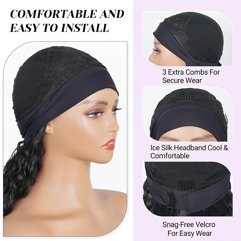 Peluca de diadema ondulada profunda negra natural, rizada, sintética, ajustable, sin pegamento, resistente al calor, para principiantes, uso diario