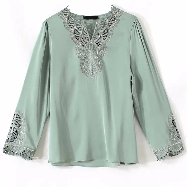 Moda Mujer Blusas de Seda Primavera Otoño Camisas de Manga Larga Bordadas Elegantes Tops de Diseño Retro para Oficina