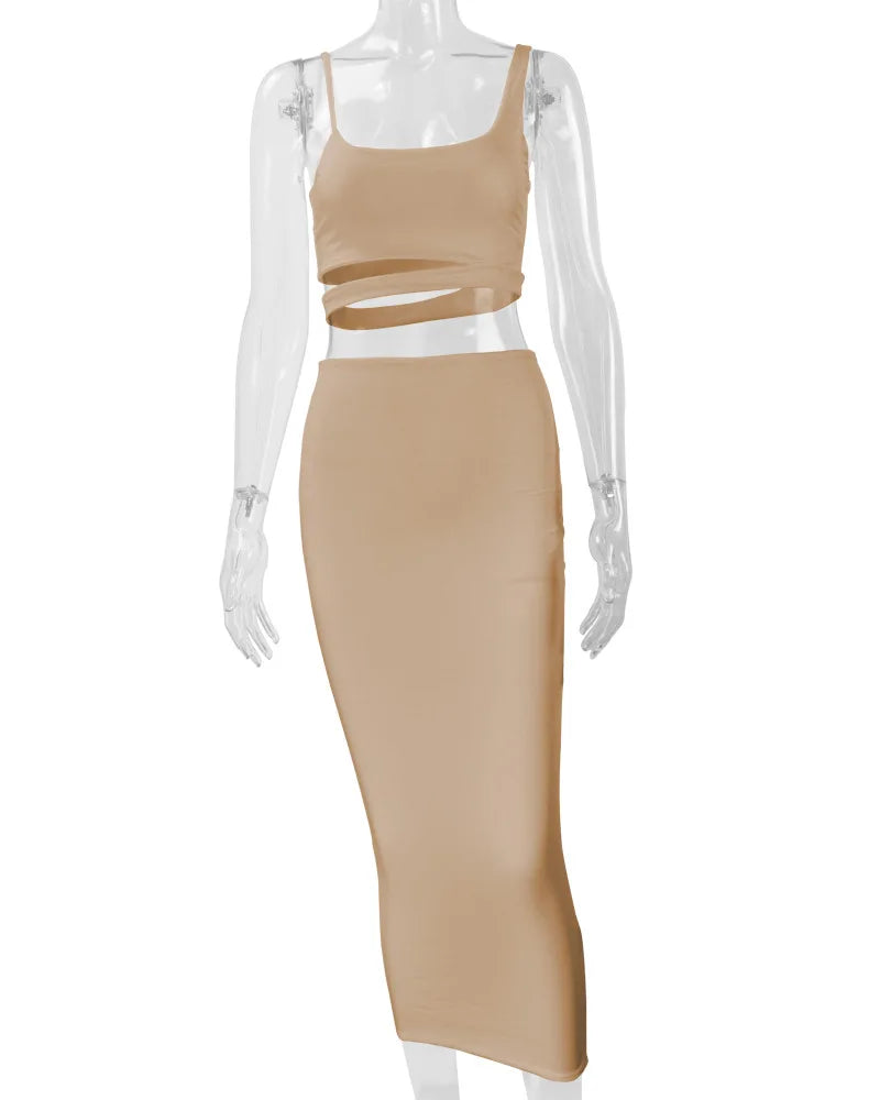 Conjuntos de faldas de verano para mujer, top corto sin tirantes con aberturas + conjuntos de falda ajustada elástica de cintura alta, trajes de dos piezas sexys para mujer a la moda
