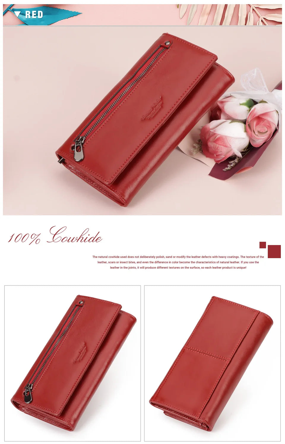 Portefeuille de luxe pour femme, en cuir véritable, avec emplacements pour cartes RFID, porte-monnaie multifonction