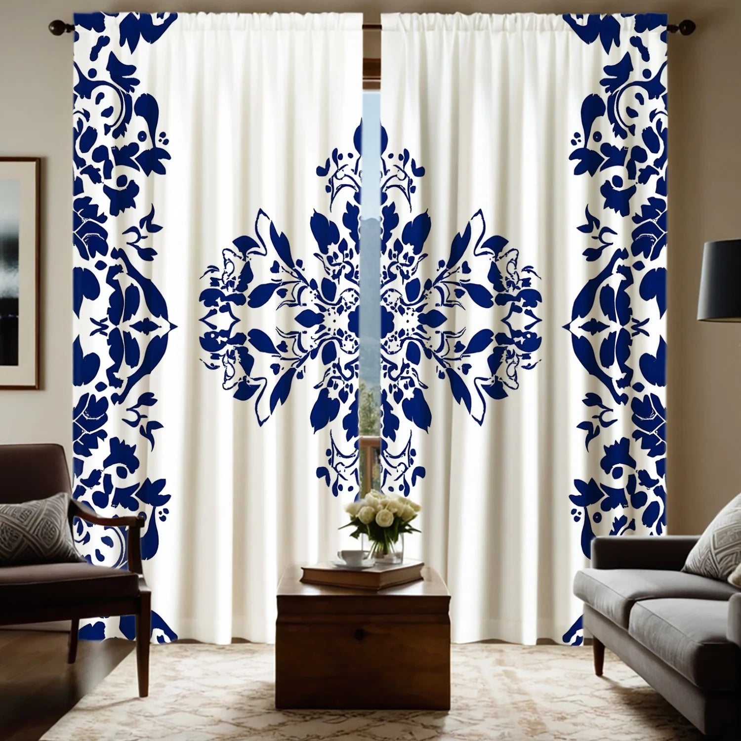 Blue & White Floral Curtains (2pcs)