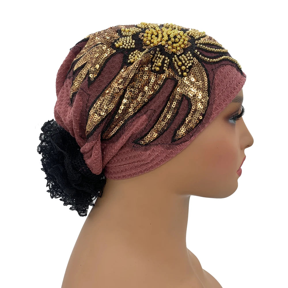 Sombrero turbante de encaje floral con diamantes de lujo, transpirable, pañuelo, gorro, envolturas para la cabeza, gorro de punto para mujer, cubierta para el cabello