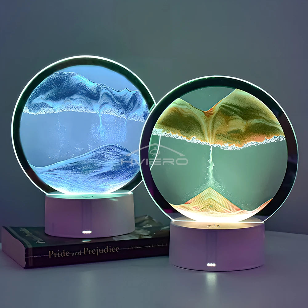 Lámpara de Mesa LED Luz Nocturna de Ambiente Decoración Pintura de Arena Movediza Cristal Redondo Creativo Descompresión Tridimensional para Dormitorio