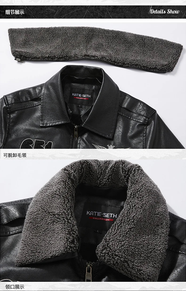 Chaquetas de moto para hombre de moda otoño/invierno casual de cuero bordadas estilo aviador en invierno terciopelo PU Jacke
