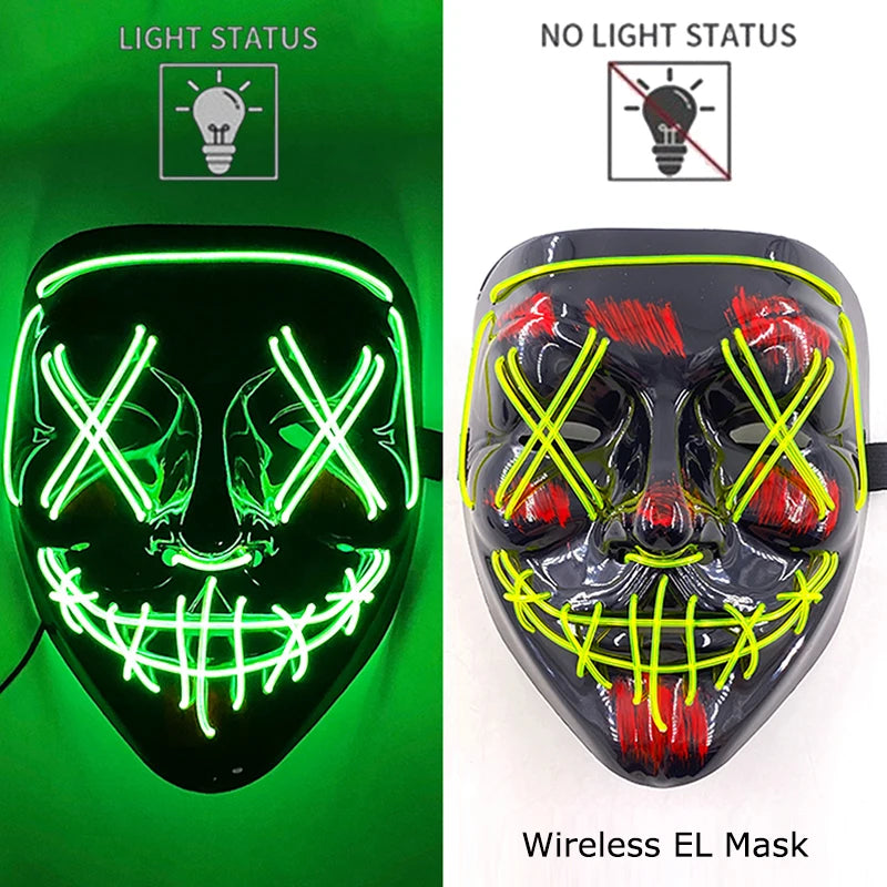 Máscara de purga LED de neón inalámbrica, que brilla en la oscuridad, máscara de cosplay de terror para Halloween, máscaras de fiesta de disfraces, accesorios luminosos divertidos
