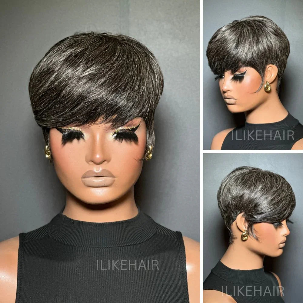 Smoky Gray Pixie Cut Glueless Human Hair Wig,Full Machine Made Short Hair Wig Pre Plucked Natural Hairline Soft Smooth Easy Wear Daily Dating Outdoor Party Trendy Stylish Hair Wig