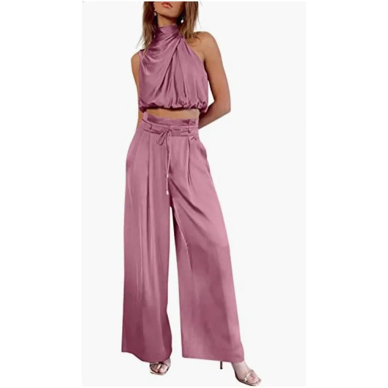 Ensemble deux pièces pour femme, pantalon ouvert au nombril, haut sans manches en soie plissée, pantalon large, ensemble assorti d'été 2024