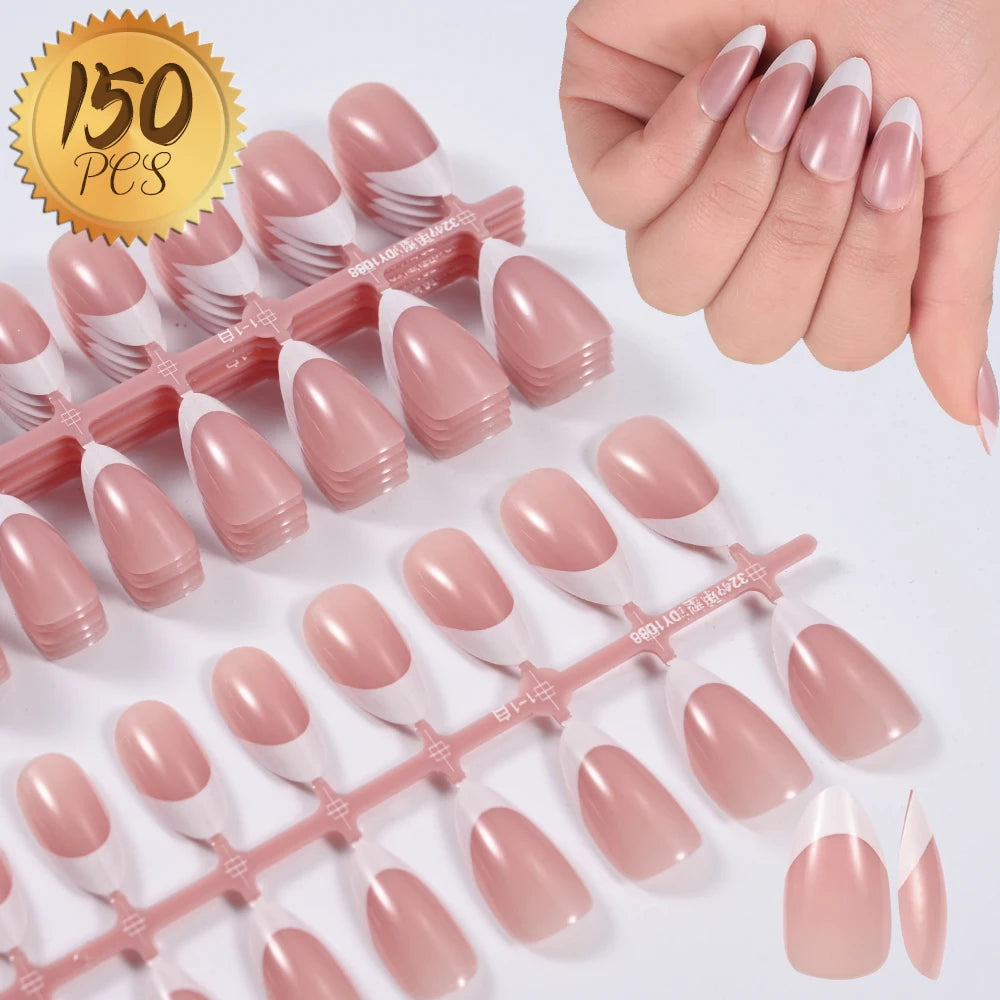150/100/24Pcs Pink Matte French Press On Nail Tips Soft Full Cover Fake Nails Oval Almond False Nails Natural Extension Manicure