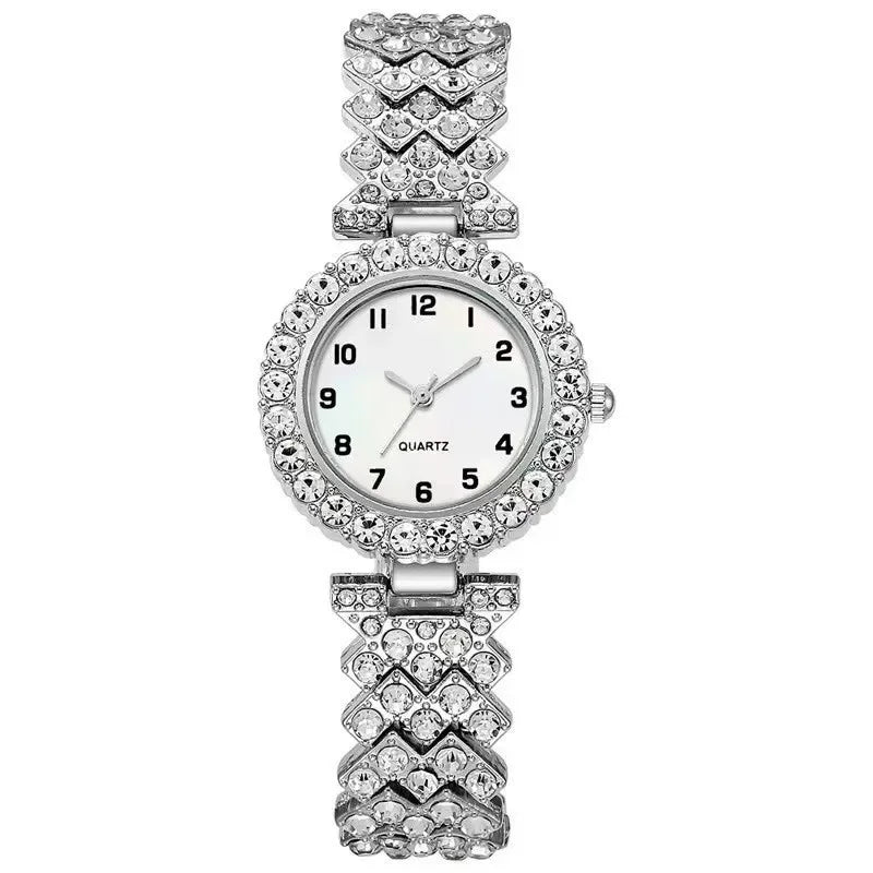 Juego de regalo de reloj de pulsera para mujer en oro rosa, 2 piezas/set, con esfera de números romanos, pedrería, reloj de cuarzo y correa de aleación, ideal para mamá