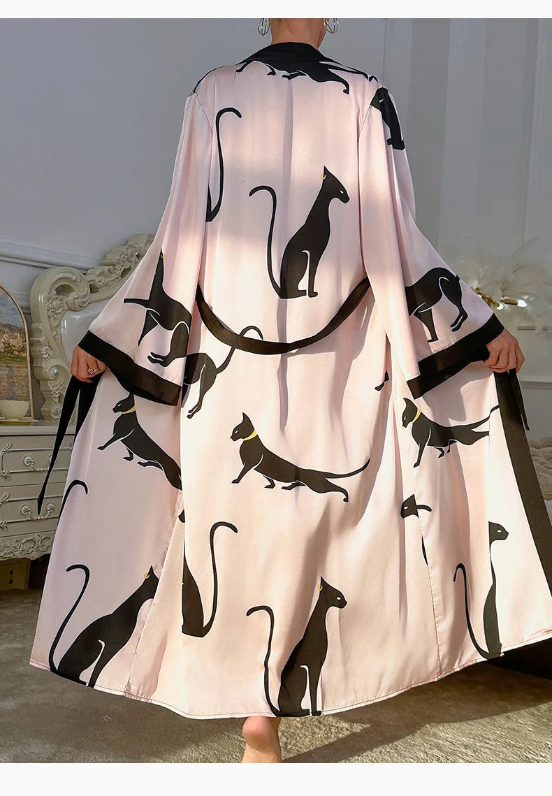 Vestido de fiesta de boda, moda, estampado, bata, ropa de mujer, camisón suelto de seda satinada, manga larga, bata de baño para mujer