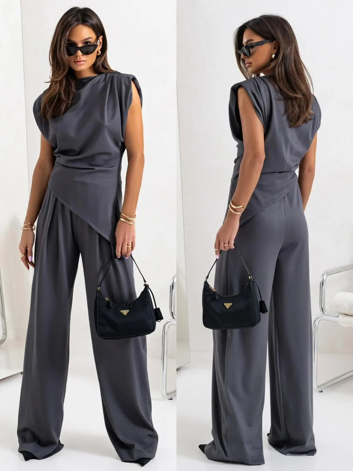 Traje de pantalones plisados asimétricos para mujer, blusa sexy sin mangas, pantalones de pierna recta de talle alto con bolsillos, conjunto de moda nuevo para verano