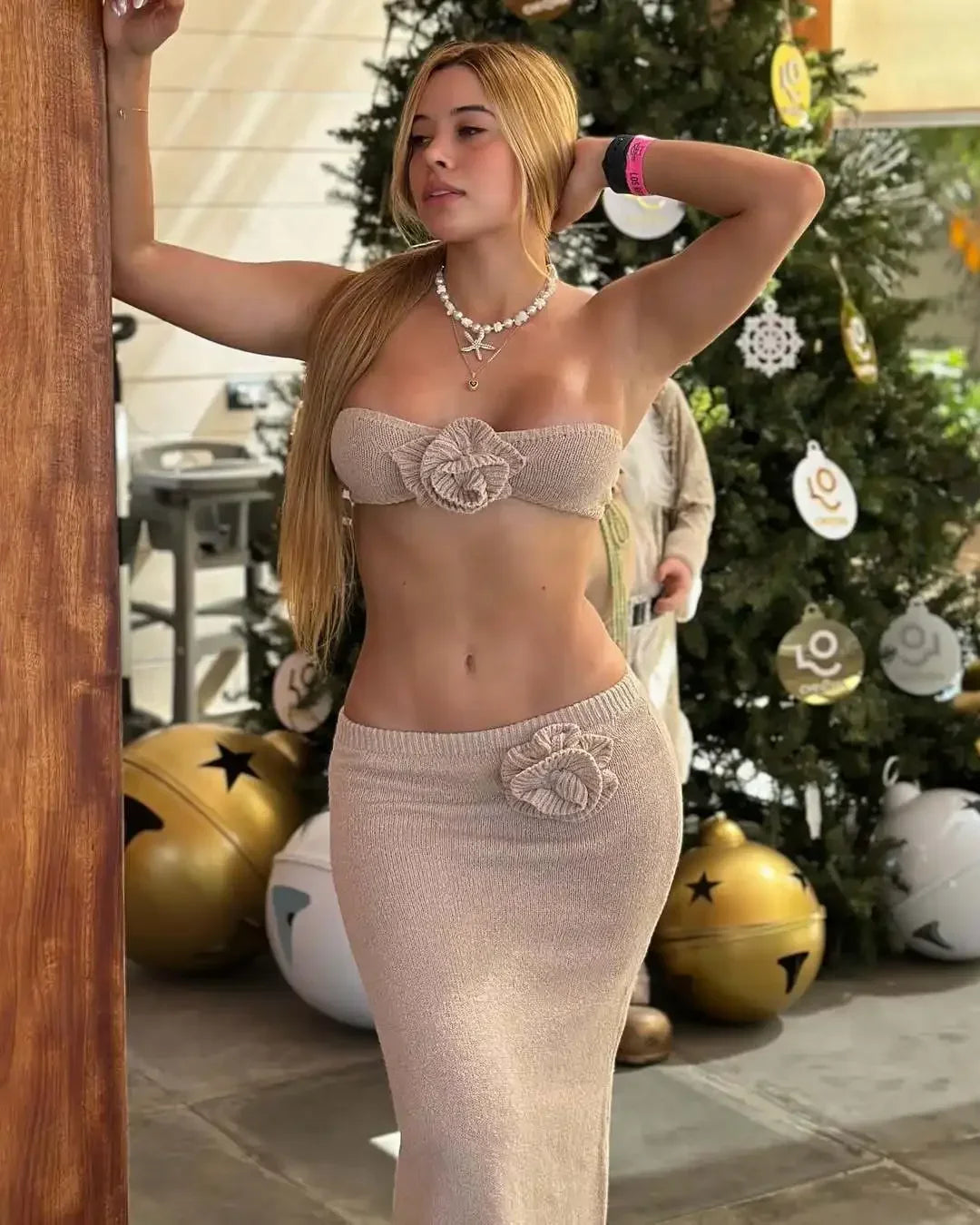 Conjunto de punto de 2 piezas para mujer, falda larga con retales florales, tops de tubo y falda de playa ajustada de cintura alta, conjuntos de punto para mujer