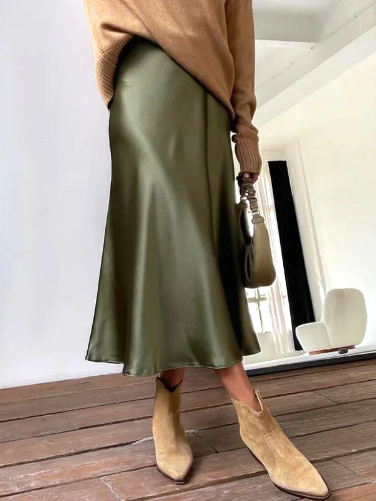 Faldas de satén de seda para mujer estilo coreano color champán para oficina, cintura alta, falda acampanada, moda elegante, falda lápiz larga sólida 2025